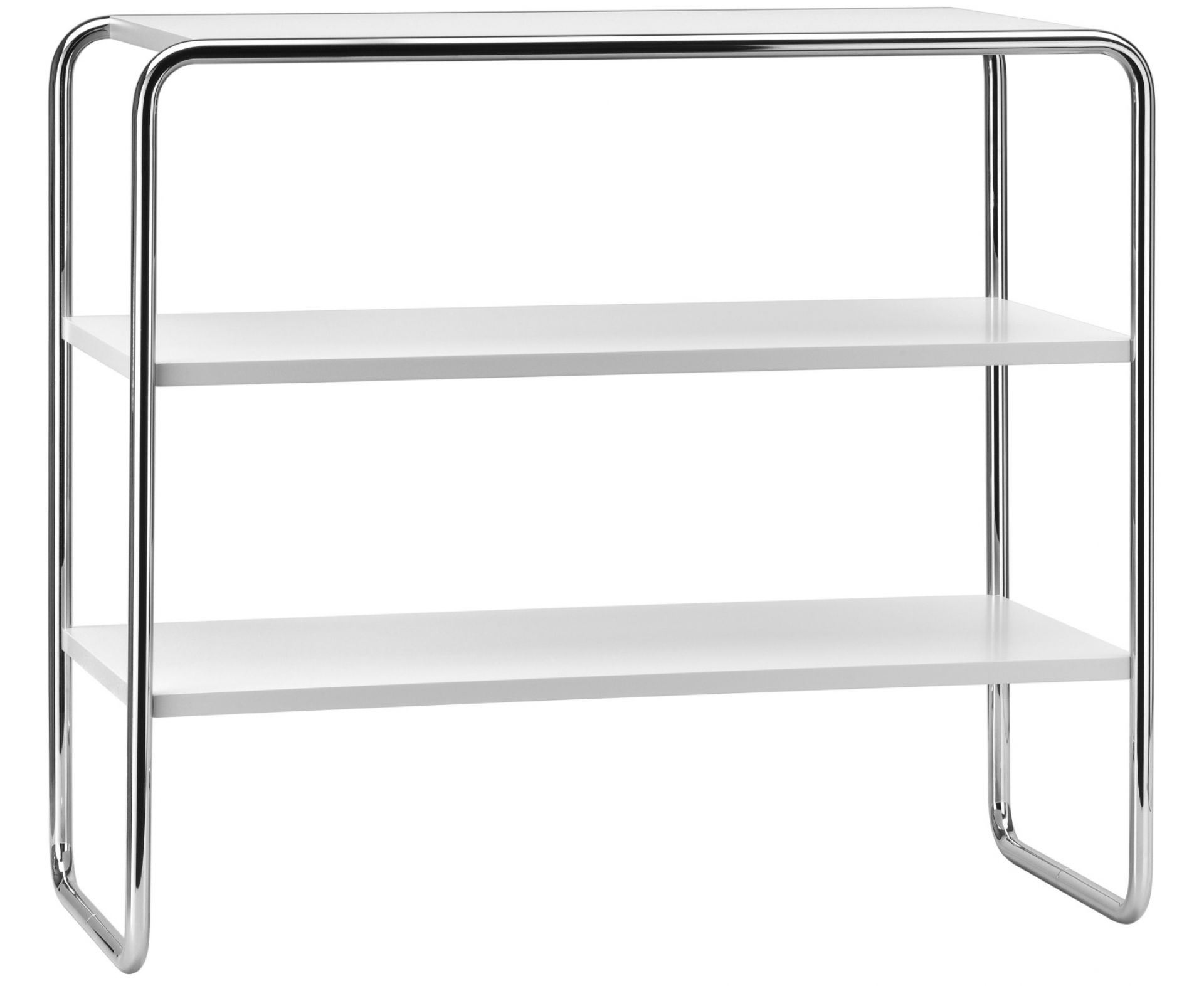 B 22 a Thonet Regal mit zwei weißen Ablageflächen und Stahlrohrgestell.